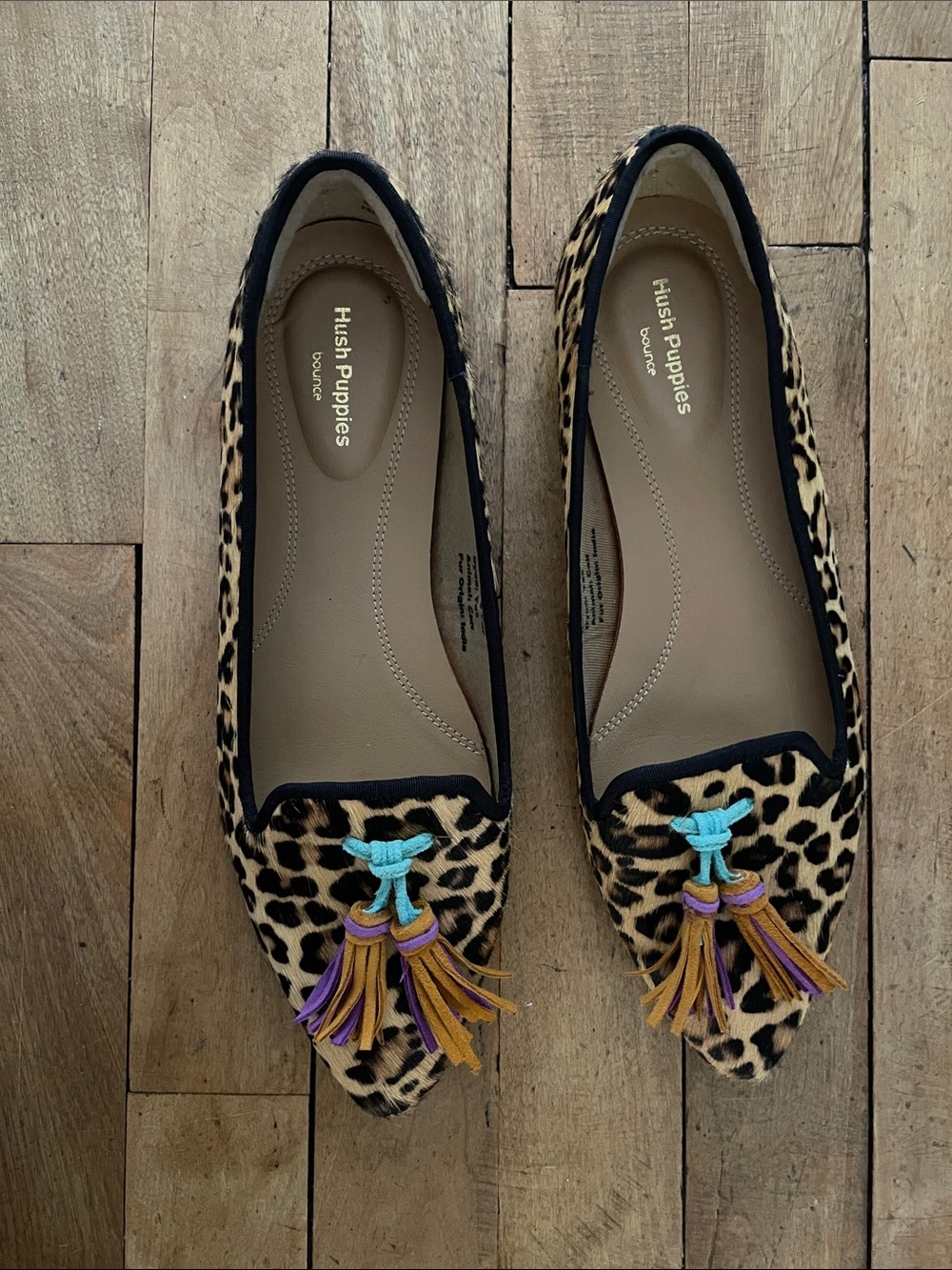 Hush Puppies Bounce Sadie Tassel Suede Calf Hair Animal print slip on loafer 7.5
